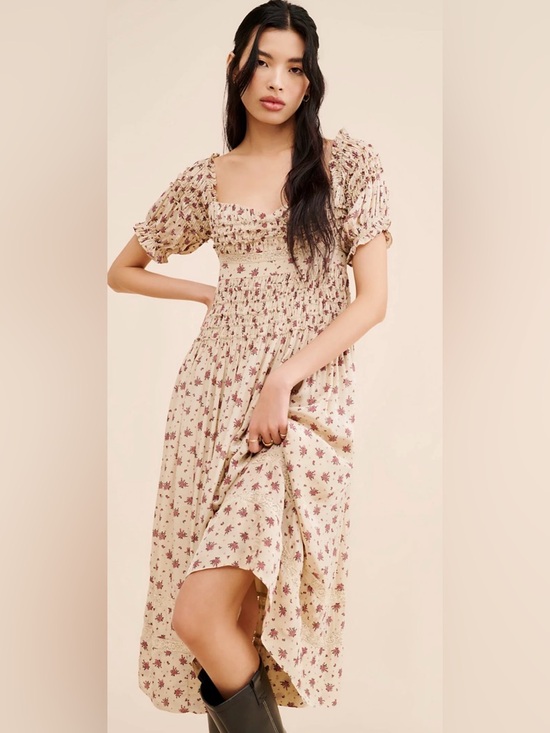 Free People Dresses & Skirts - Free People Bali Juniper Midi Dress Floral Smocked Puff Sleeve Size 6